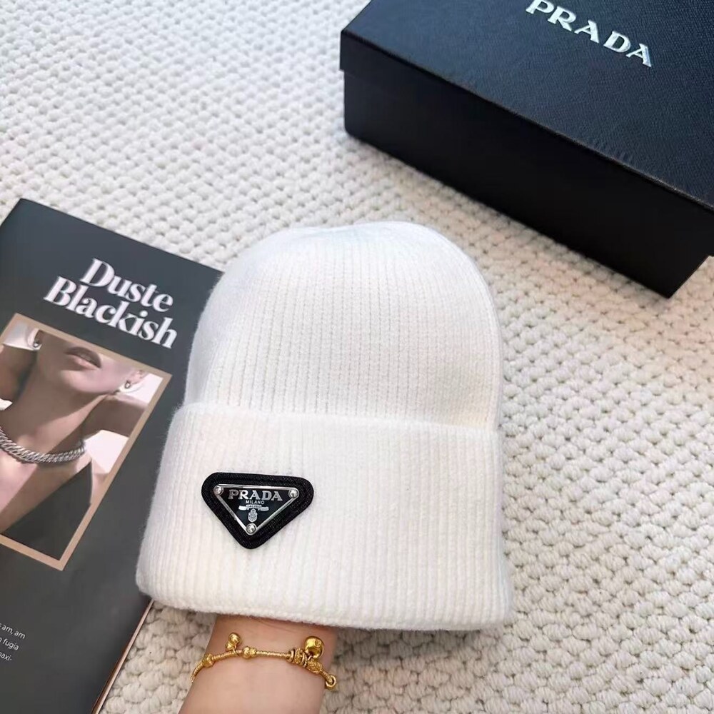Prada Logo Ribbed Knit Beanie White - Picture 3 of 4